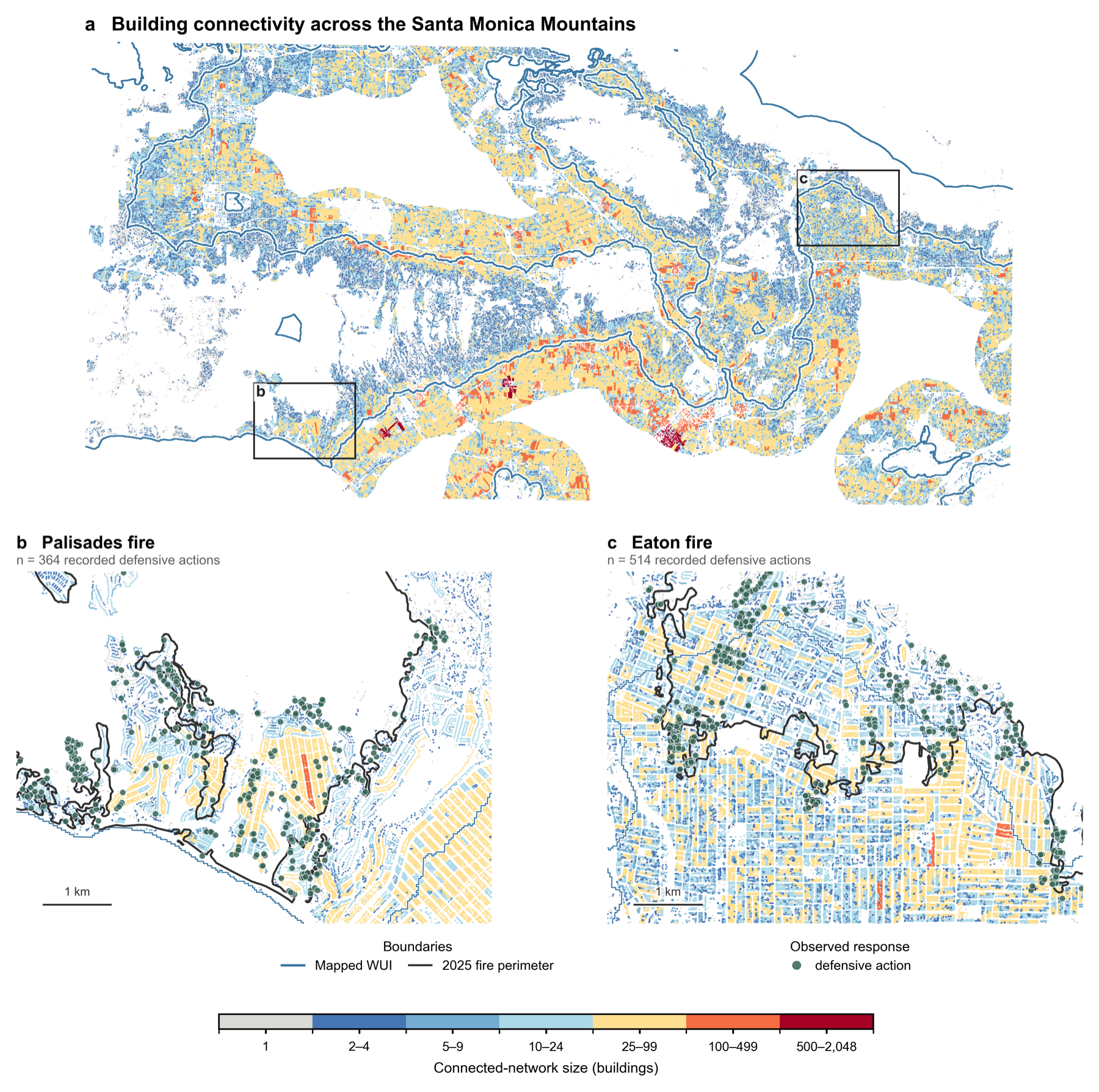 Building connectivity and recorded defensive actions across the Santa Monica Mountains