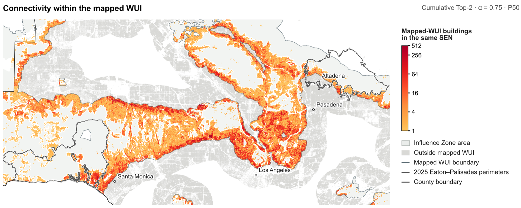 Mapped wildland-urban-interface building connectivity across Los Angeles County